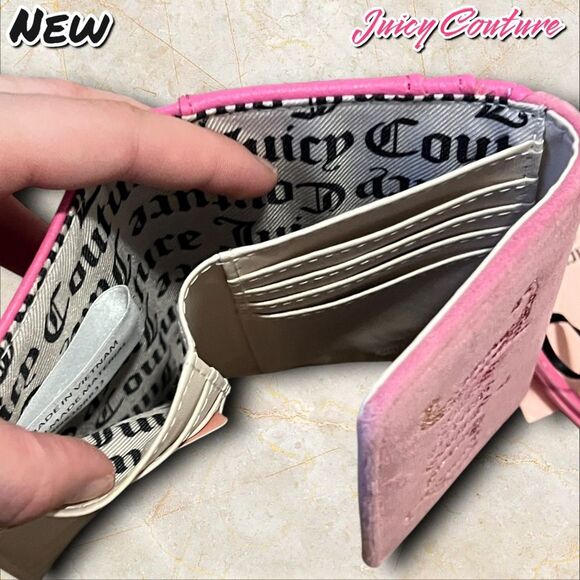 New NWT Juicy Couture “Juicy” Pink Velour & Faux Leather Trifold Wallet - Picture 6 of 6